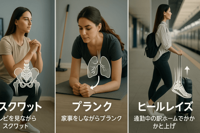 スクワット、プランク、ヒールレイズする女性の写真