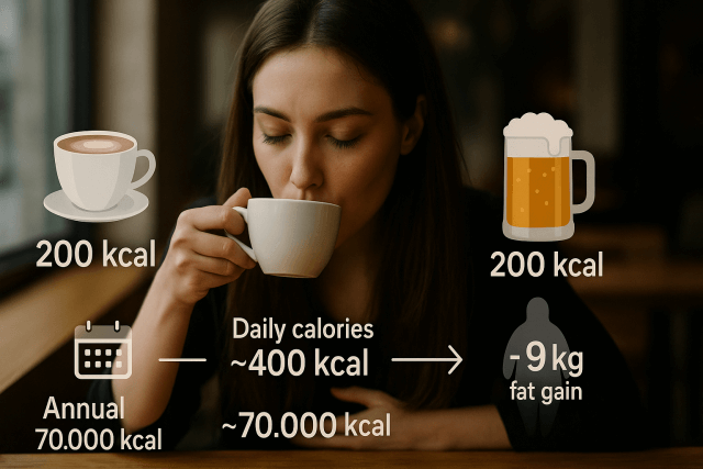 カフェラテ一杯200kcal前後、アルコール200kcalの脂肪を説明した画像